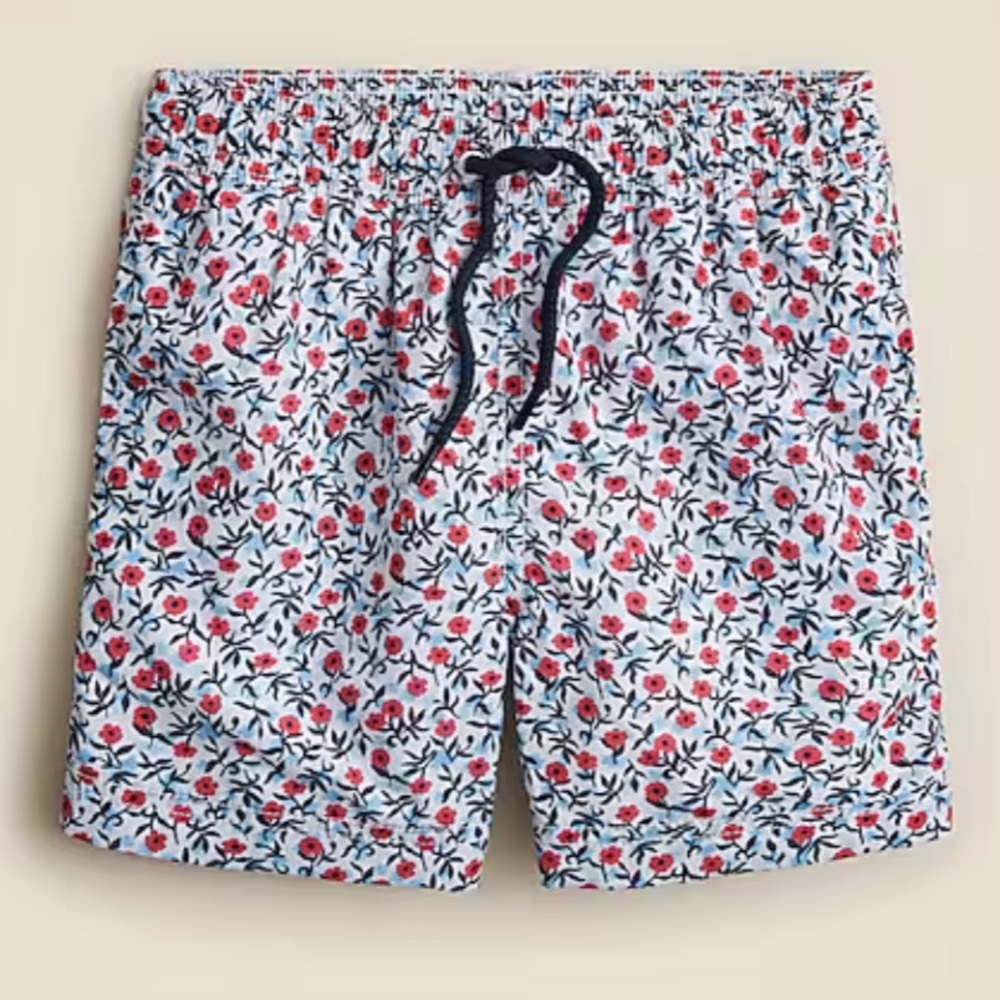 New with tags J.Crew boys red and blue floral swim trunks UPF 50